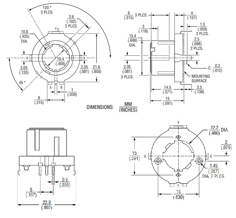 Mechanical Drawing - Bourns PER21 Long-Life Incremental Ring Encoder